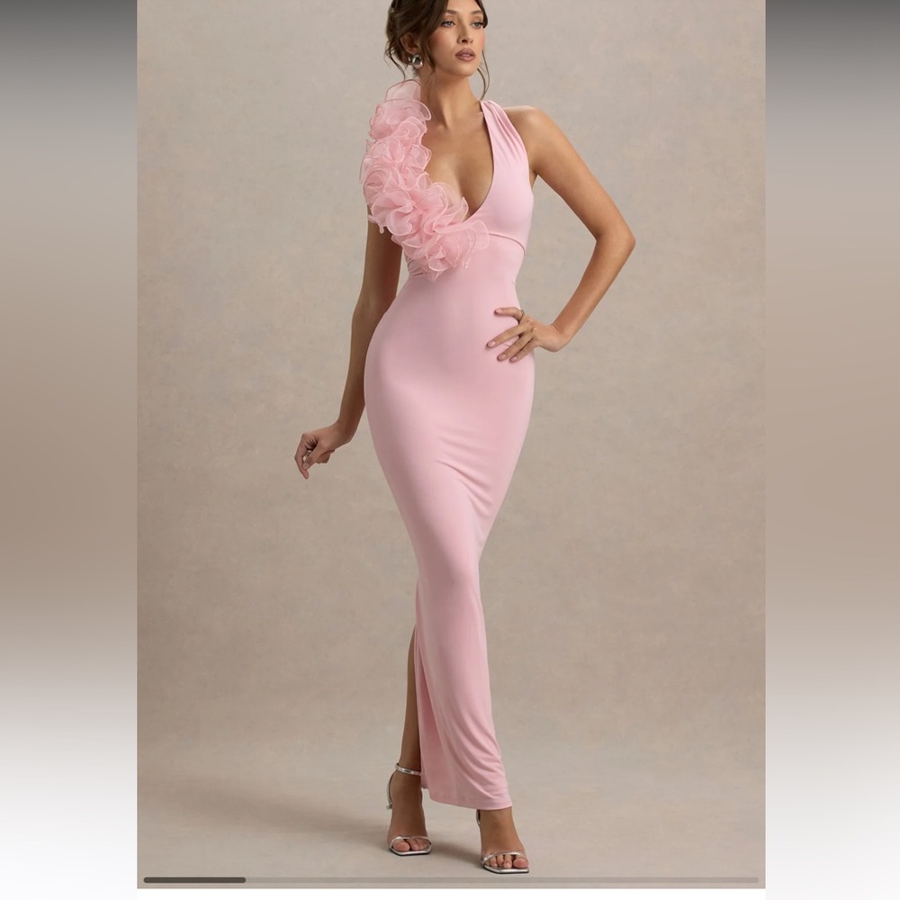 Club L London -HARRIET PINK PLUNGE-NECK MAXI DRESS WITH FLORAL DETAIL
